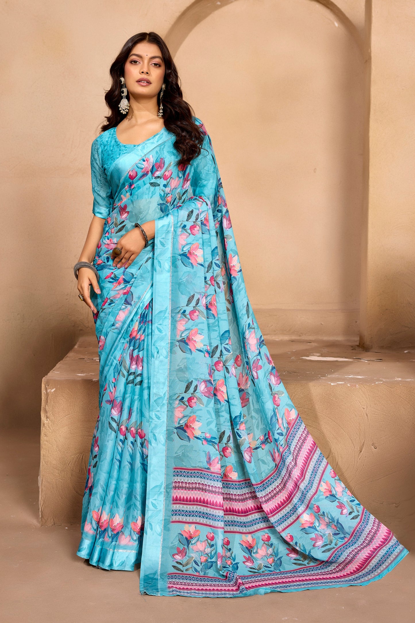 Samriddhi - Sky Blue Georgette Digital Print Saree with Satin Border