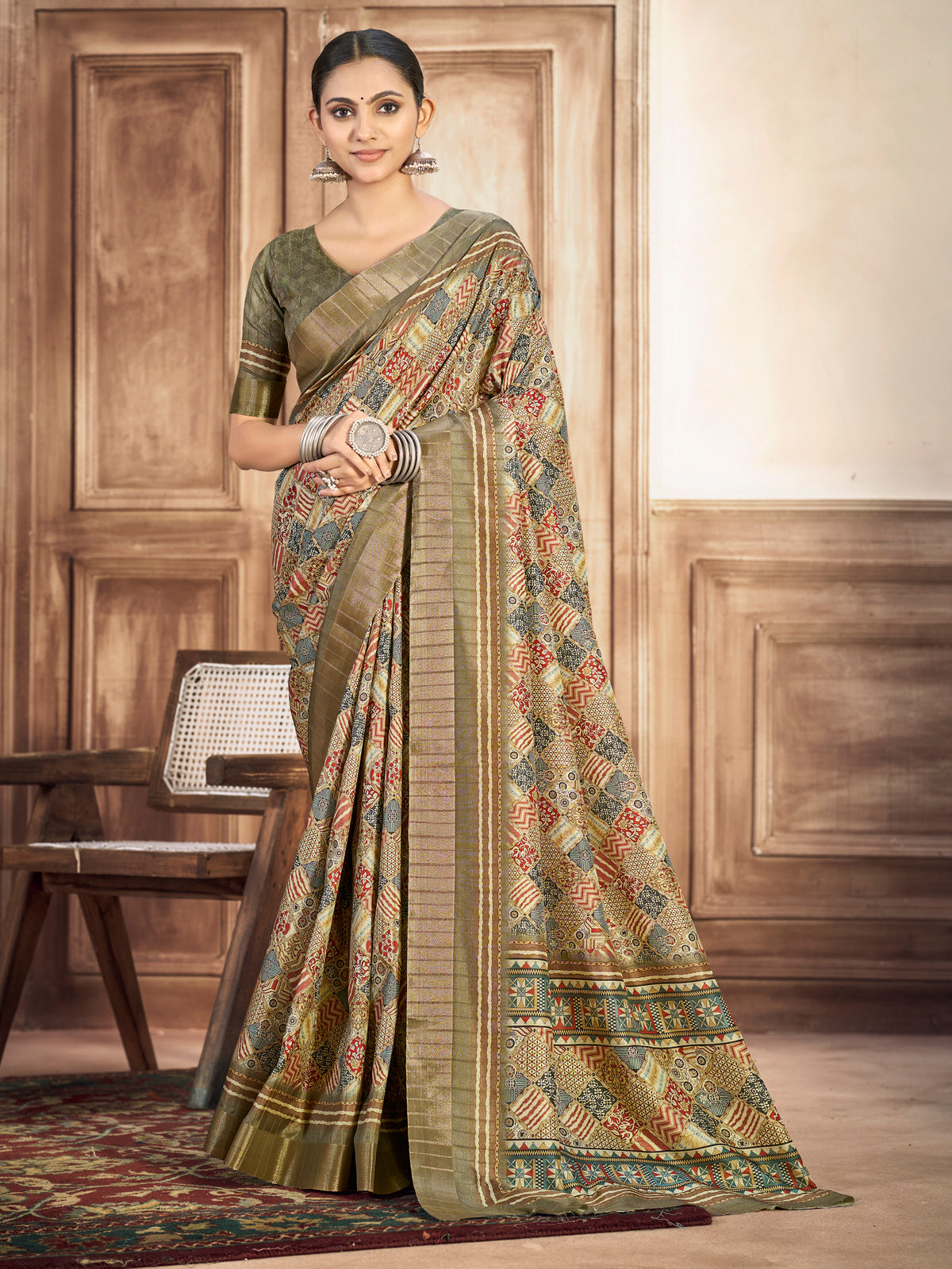 Devsena - Olive Green Silk Digital Print Saree with Zari Border