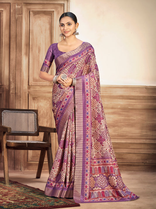Devsena - Violet Silk Digital Print Saree with Zari Border