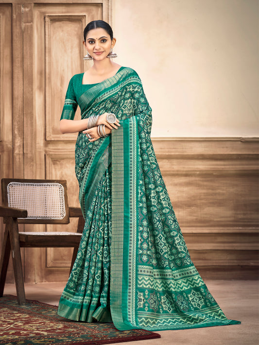 Devsena - Sea Green Silk Digital Print Saree with Zari Border