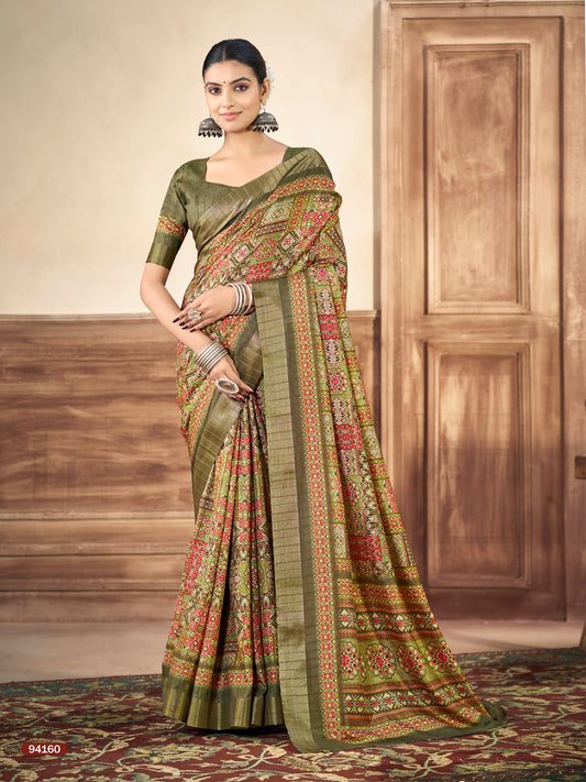 Devsena - Mehendi Green Silk Digital Print Saree with Zari Border