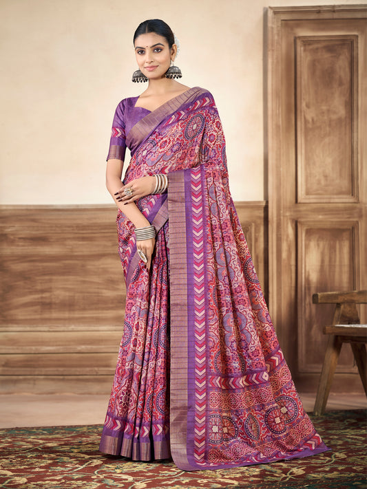 Devsena - Purple Silk Digital Print Saree with Zari Border
