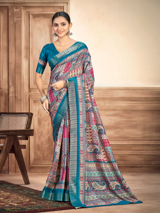 Devsena - Firozi Silk Digital Print Saree with Zari Border