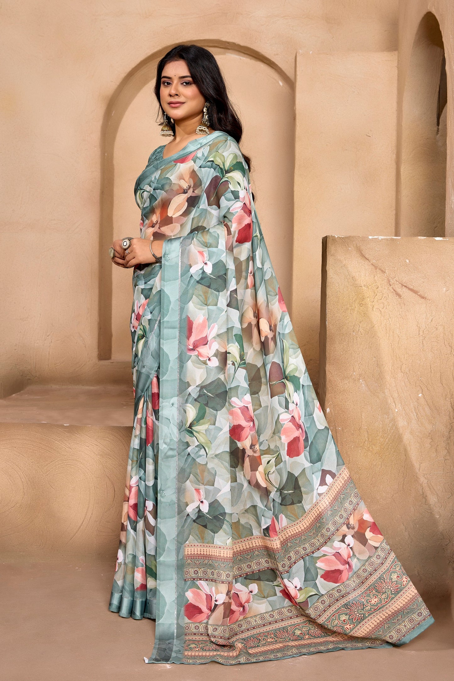 Samriddhi - Ash Grey Georgette Digital Print Saree with Satin Border