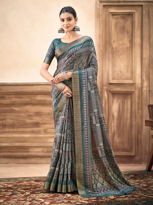 Devsena - Forest Green Silk Digital Print Saree with Zari Border
