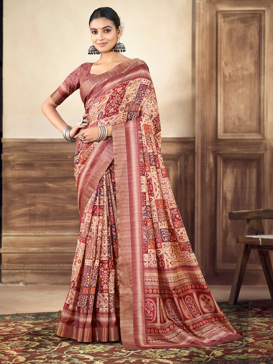 Devsena - Beige Silk Digital Print Saree with Zari Border