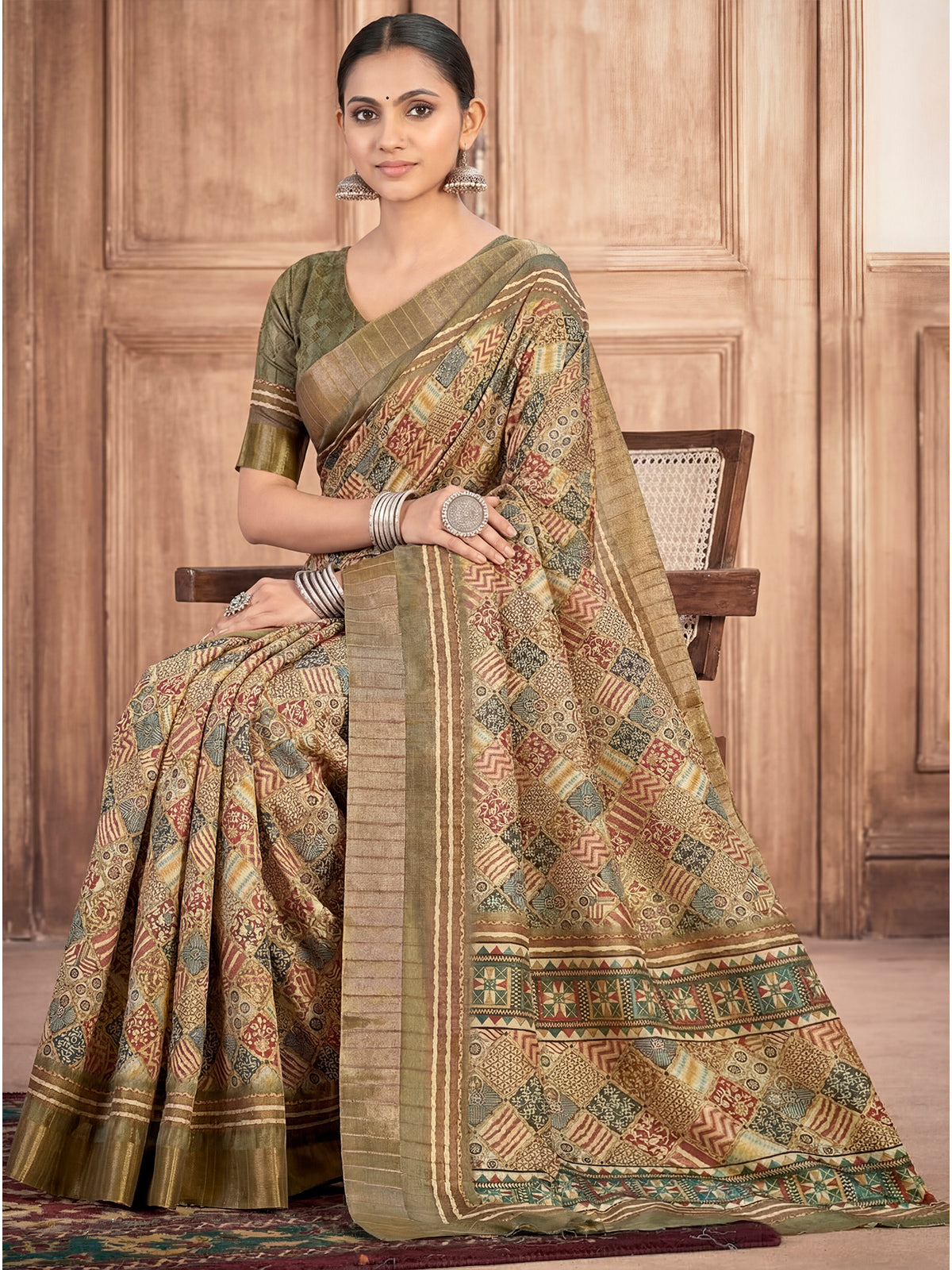 Devsena - Olive Green Silk Digital Print Saree with Zari Border