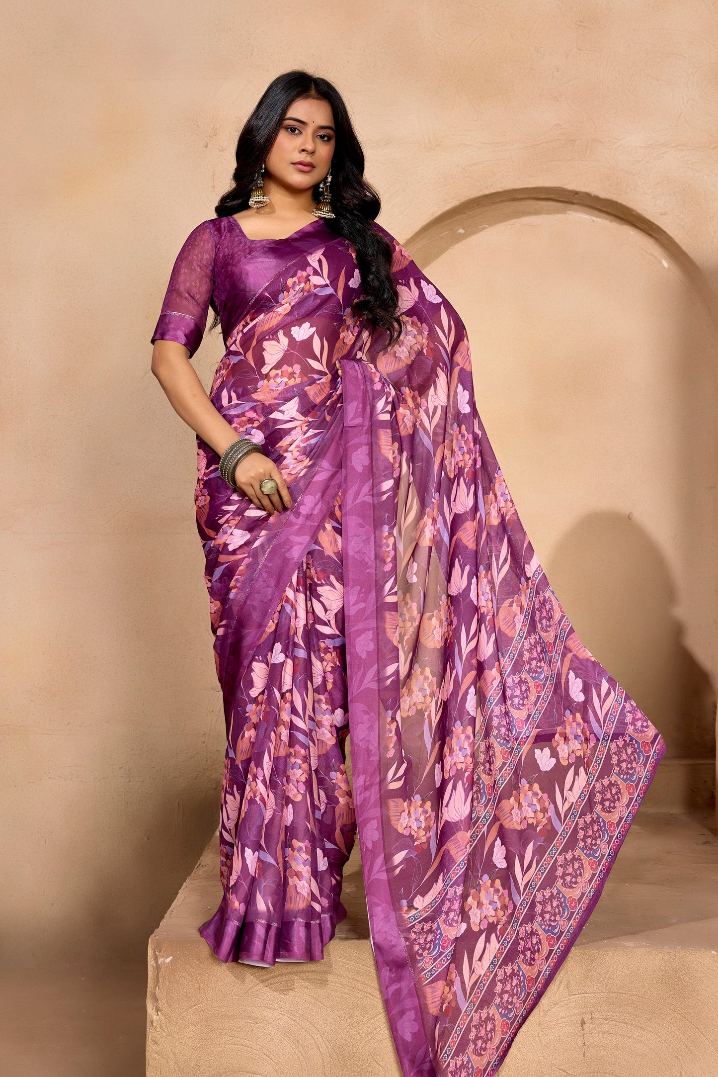 Samriddhi - Purple Georgette Digital Print Saree with Satin Border