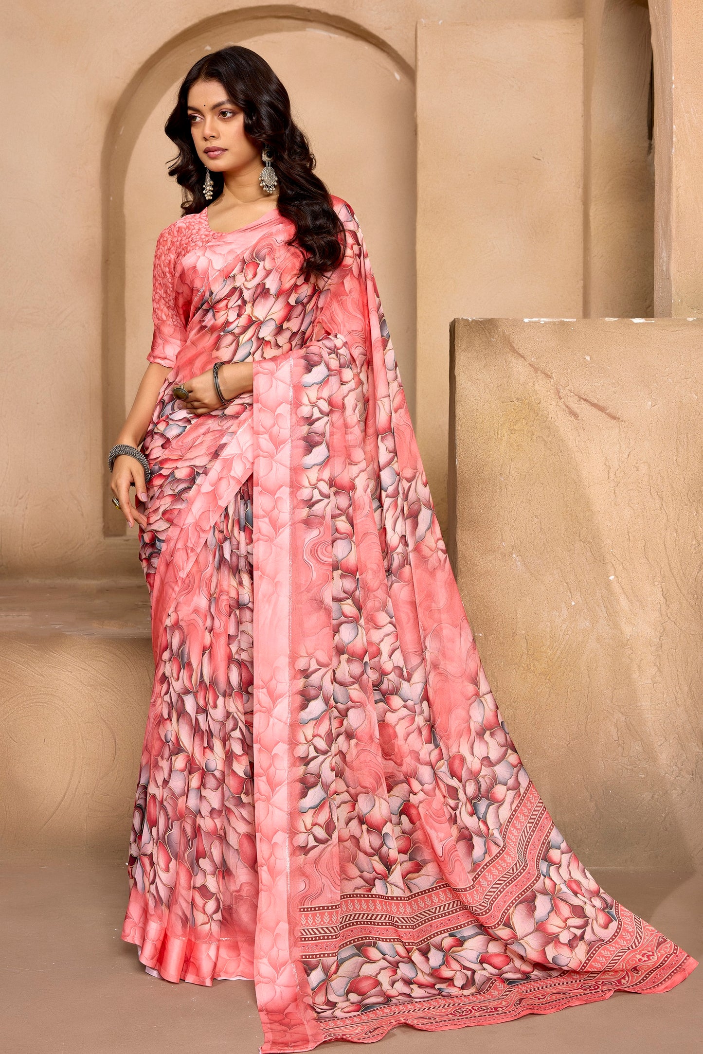 Samriddhi - Peach Georgette Digital Print Saree with Satin Border