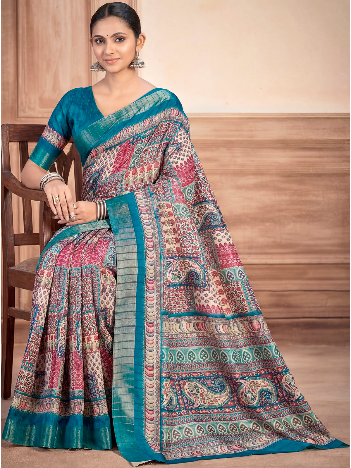 Devsena - Firozi Silk Digital Print Saree with Zari Border