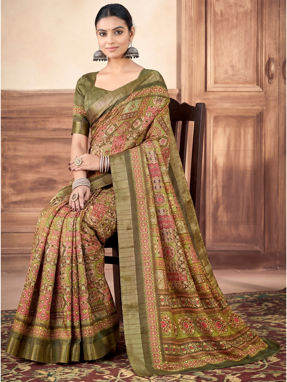 Devsena - Mehendi Green Silk Digital Print Saree with Zari Border