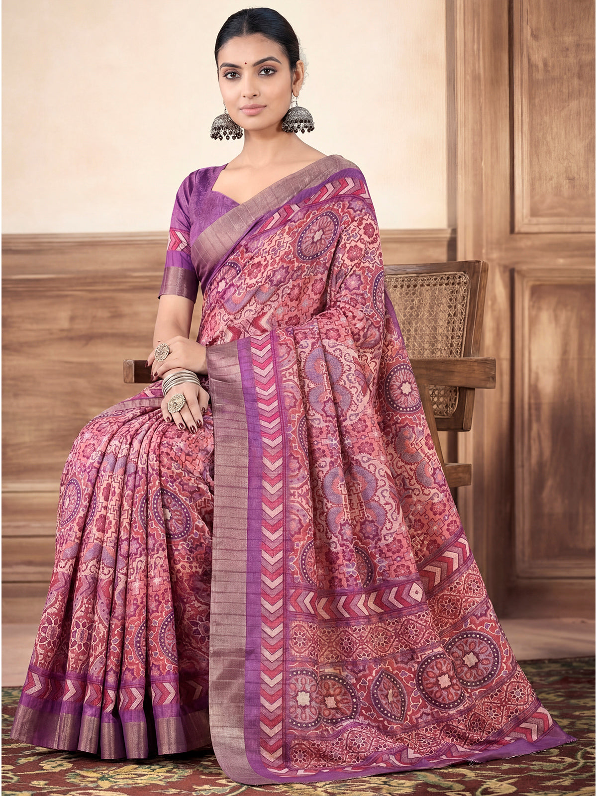 Devsena - Purple Silk Digital Print Saree with Zari Border