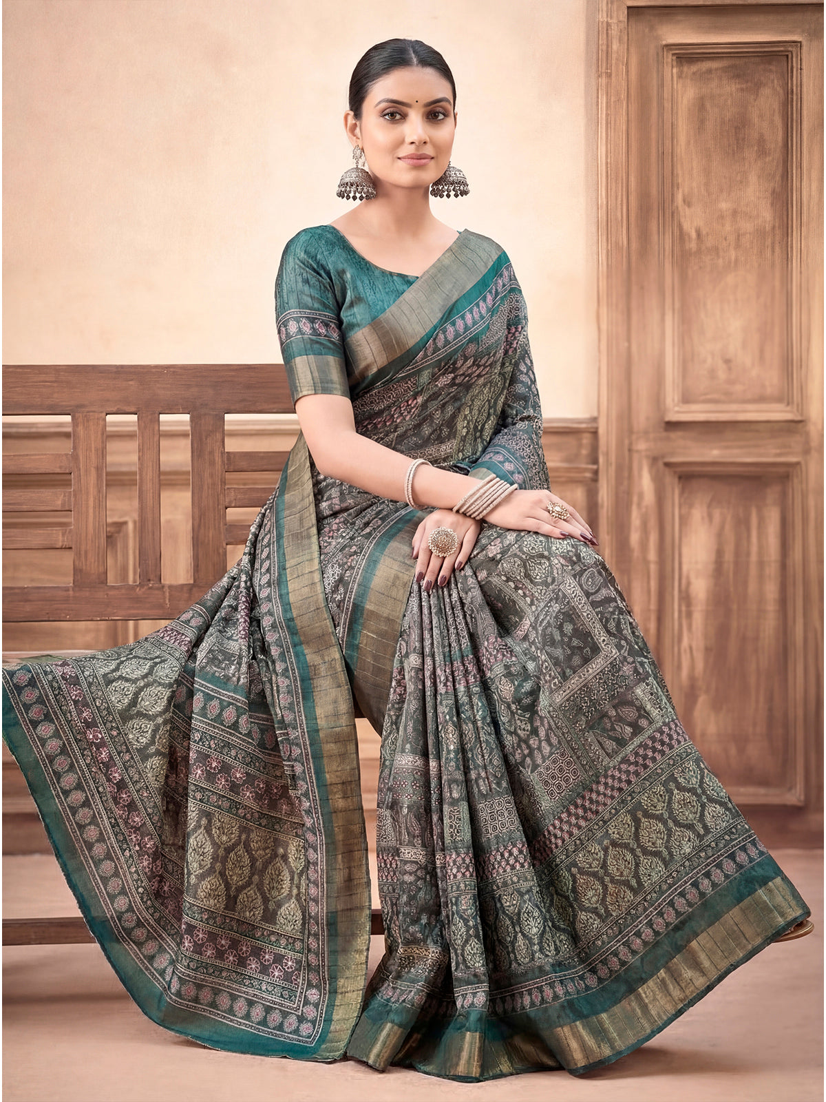 Devsena - Forest Green Silk Digital Print Saree with Zari Border