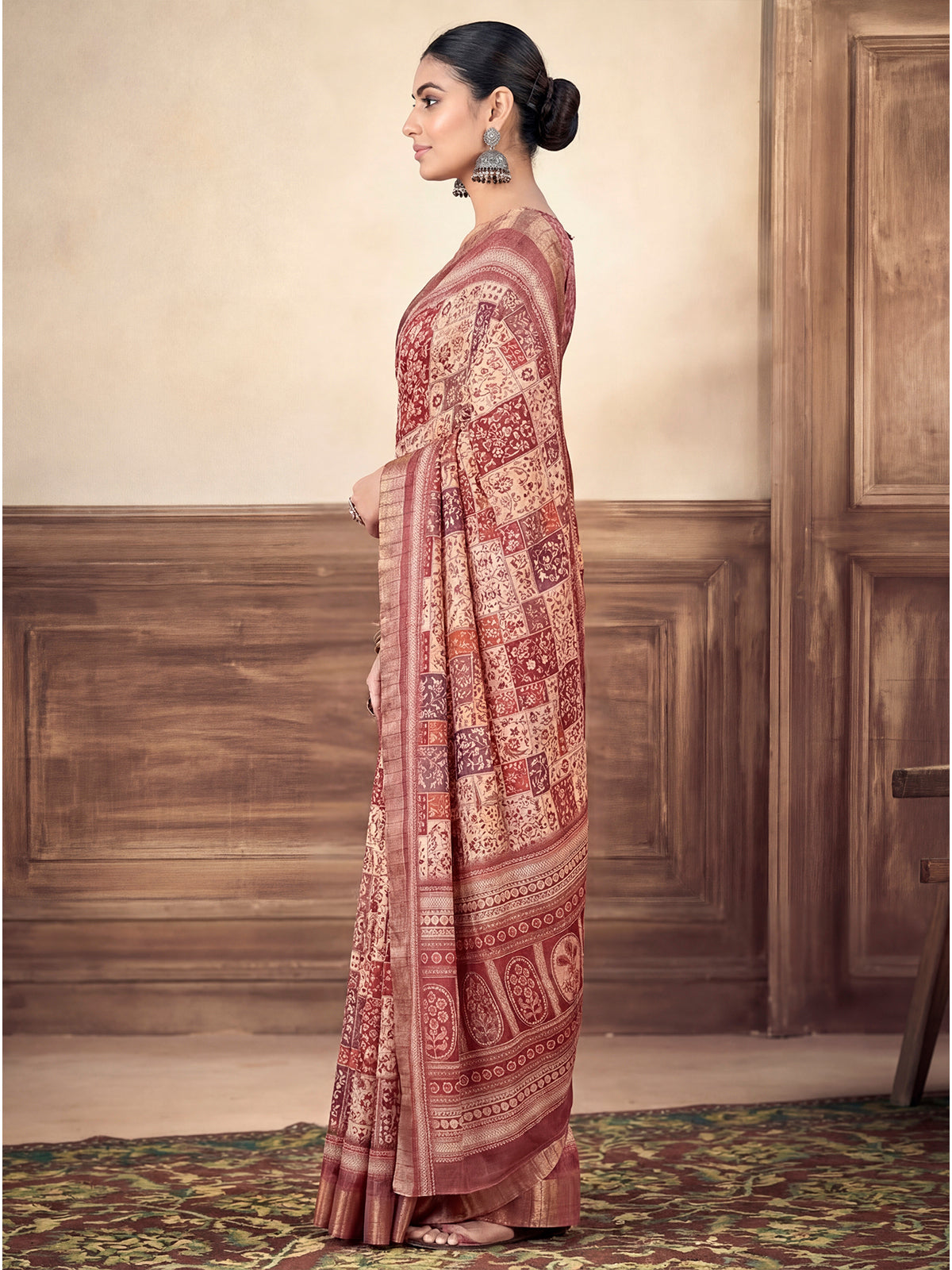 Devsena - Beige Silk Digital Print Saree with Zari Border