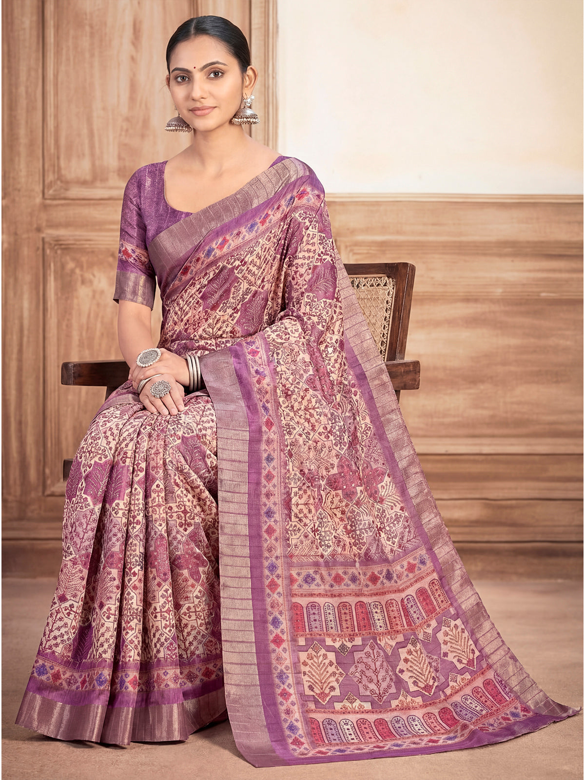 Devsena - Violet Silk Digital Print Saree with Zari Border