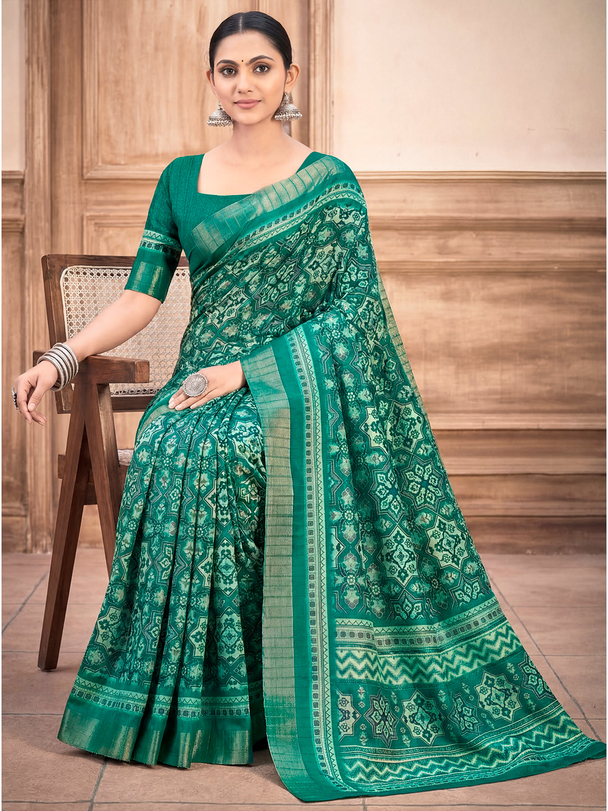Devsena - Sea Green Silk Digital Print Saree with Zari Border