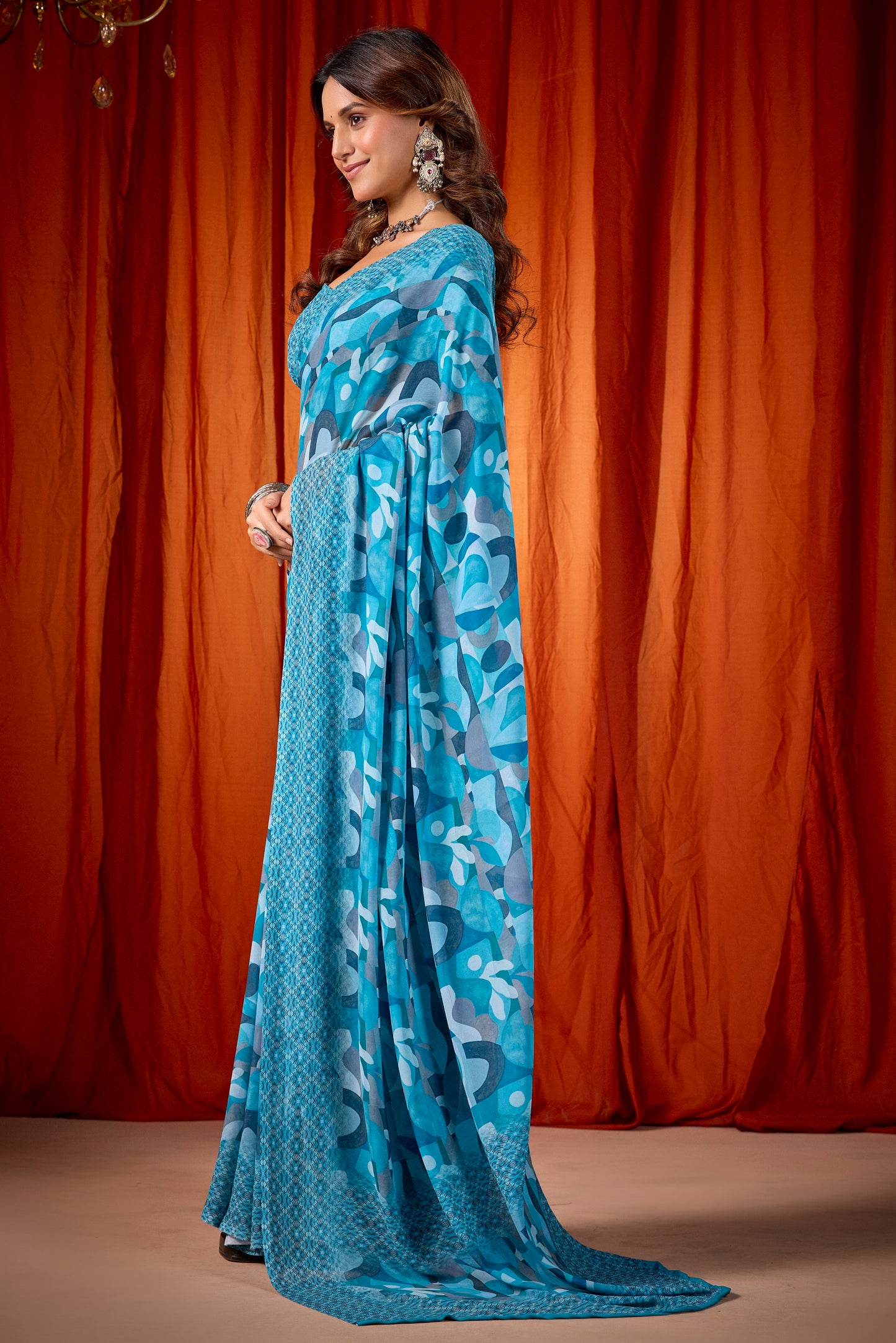 Shraddha - Firozi Georgette Digital Printed Saree