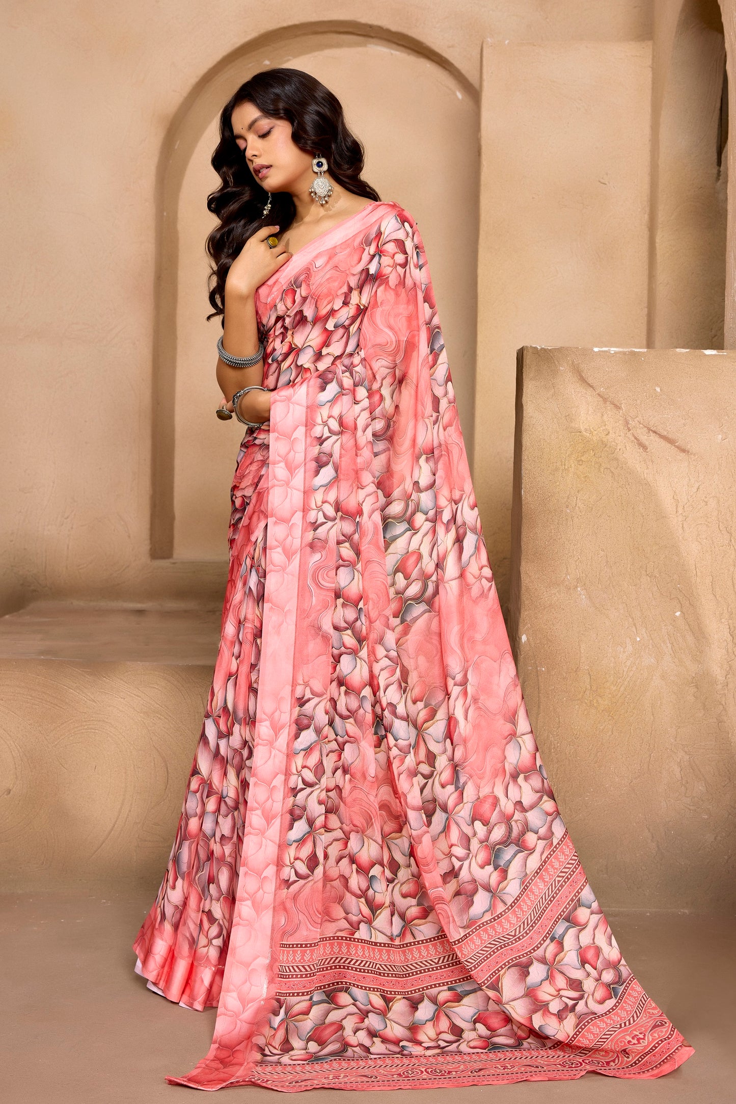 Samriddhi - Peach Georgette Digital Print Saree with Satin Border