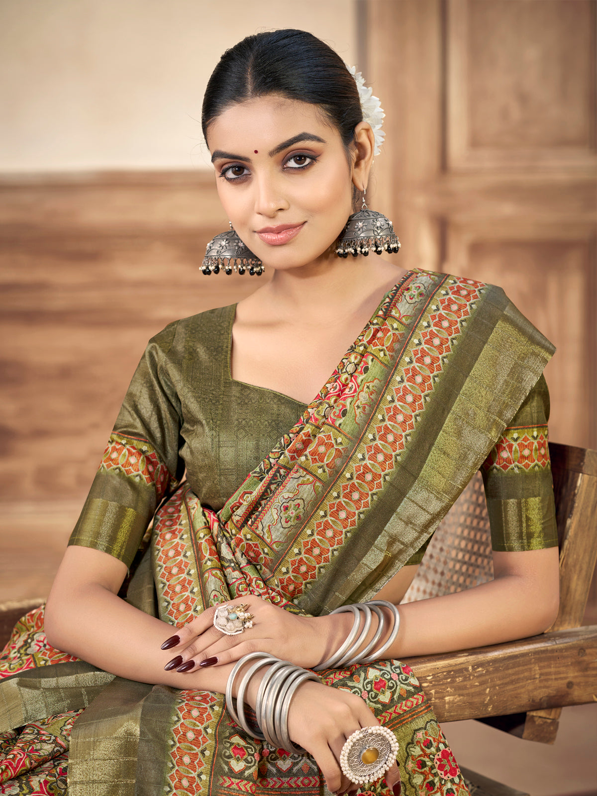 Devsena - Mehendi Green Silk Digital Print Saree with Zari Border