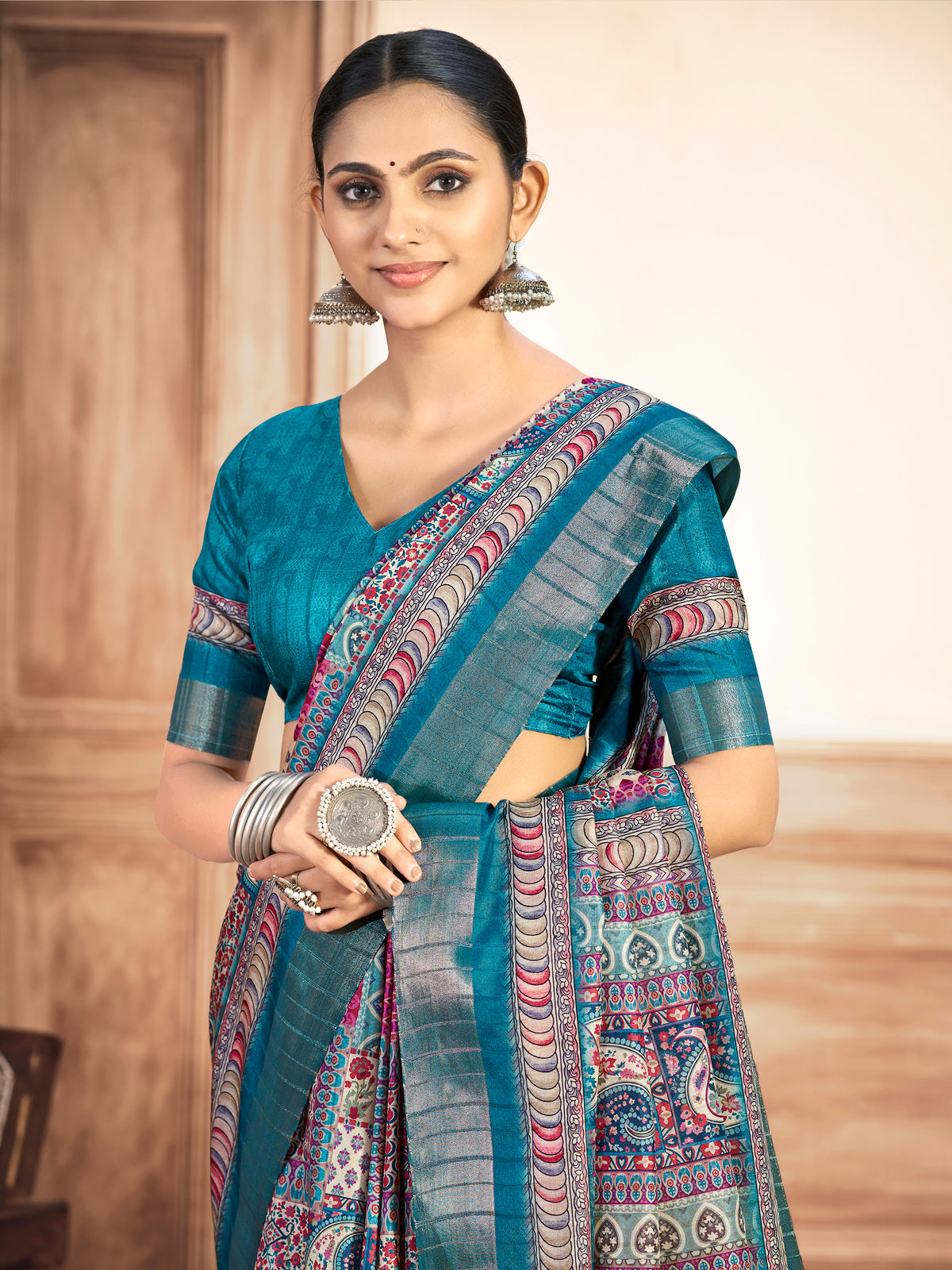 Devsena - Firozi Silk Digital Print Saree with Zari Border