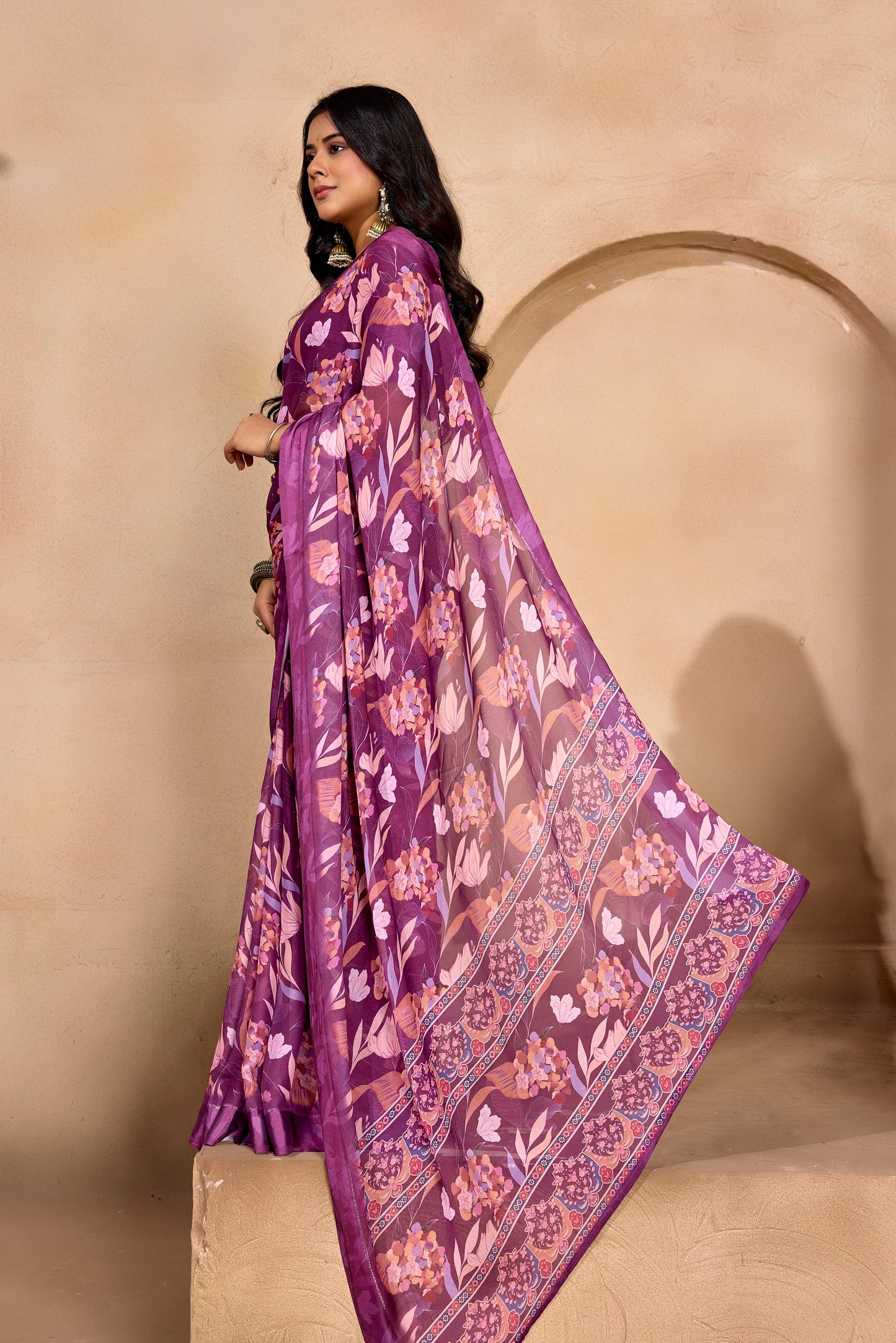Samriddhi - Purple Georgette Digital Print Saree with Satin Border