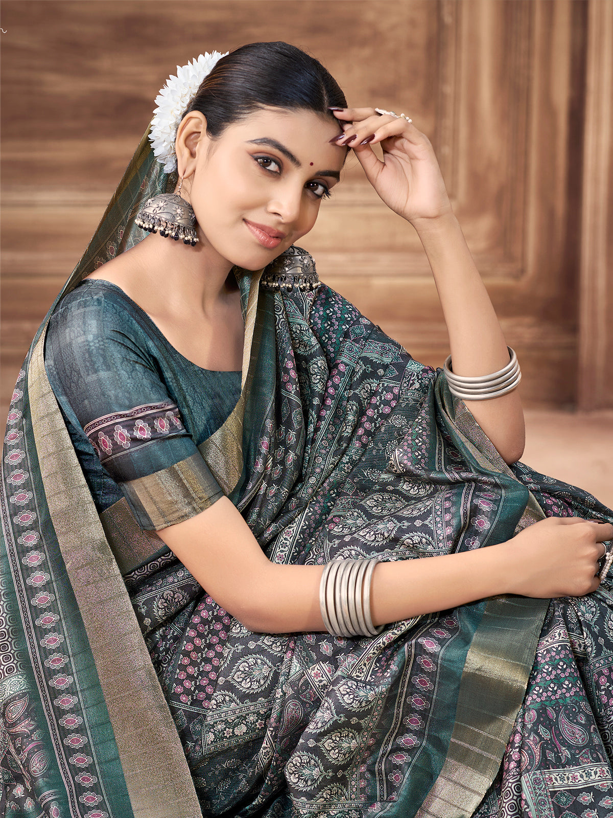 Devsena - Forest Green Silk Digital Print Saree with Zari Border