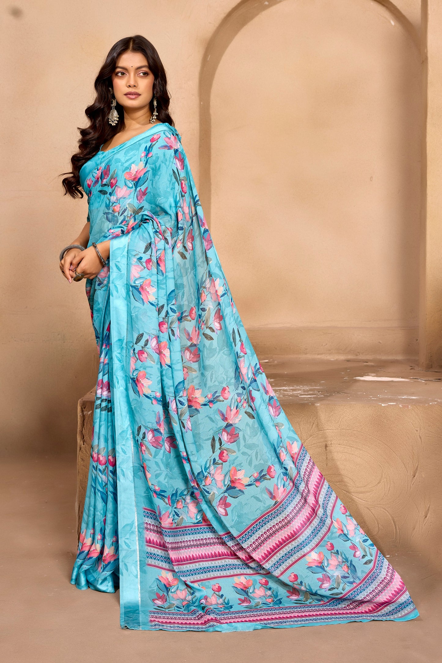 Samriddhi - Sky Blue Georgette Digital Print Saree with Satin Border