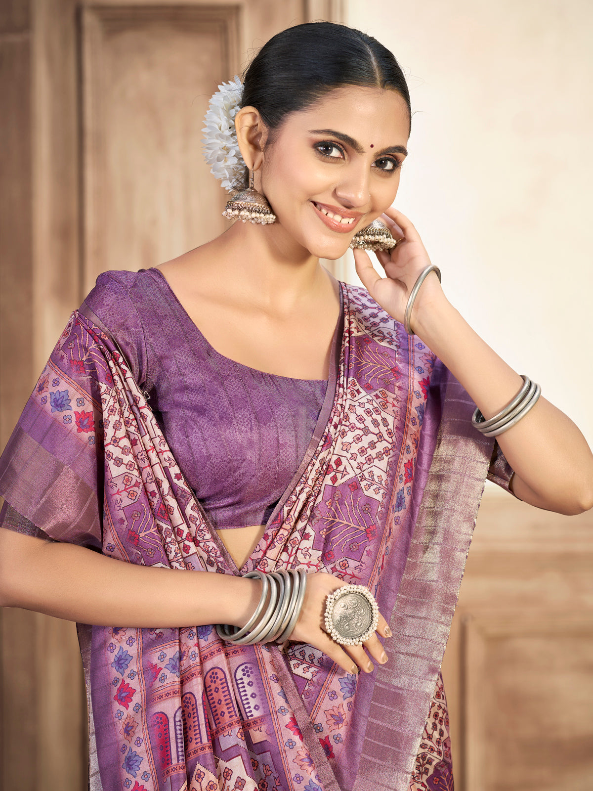 Devsena - Violet Silk Digital Print Saree with Zari Border
