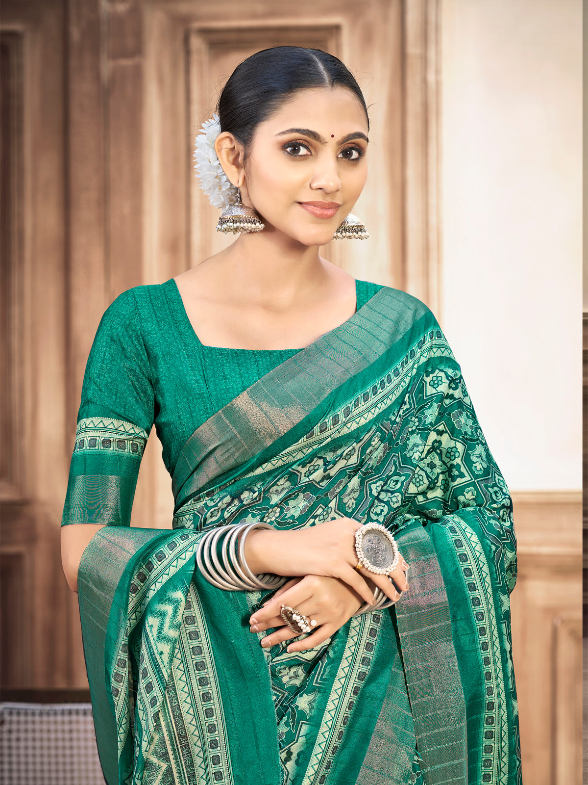 Devsena - Sea Green Silk Digital Print Saree with Zari Border