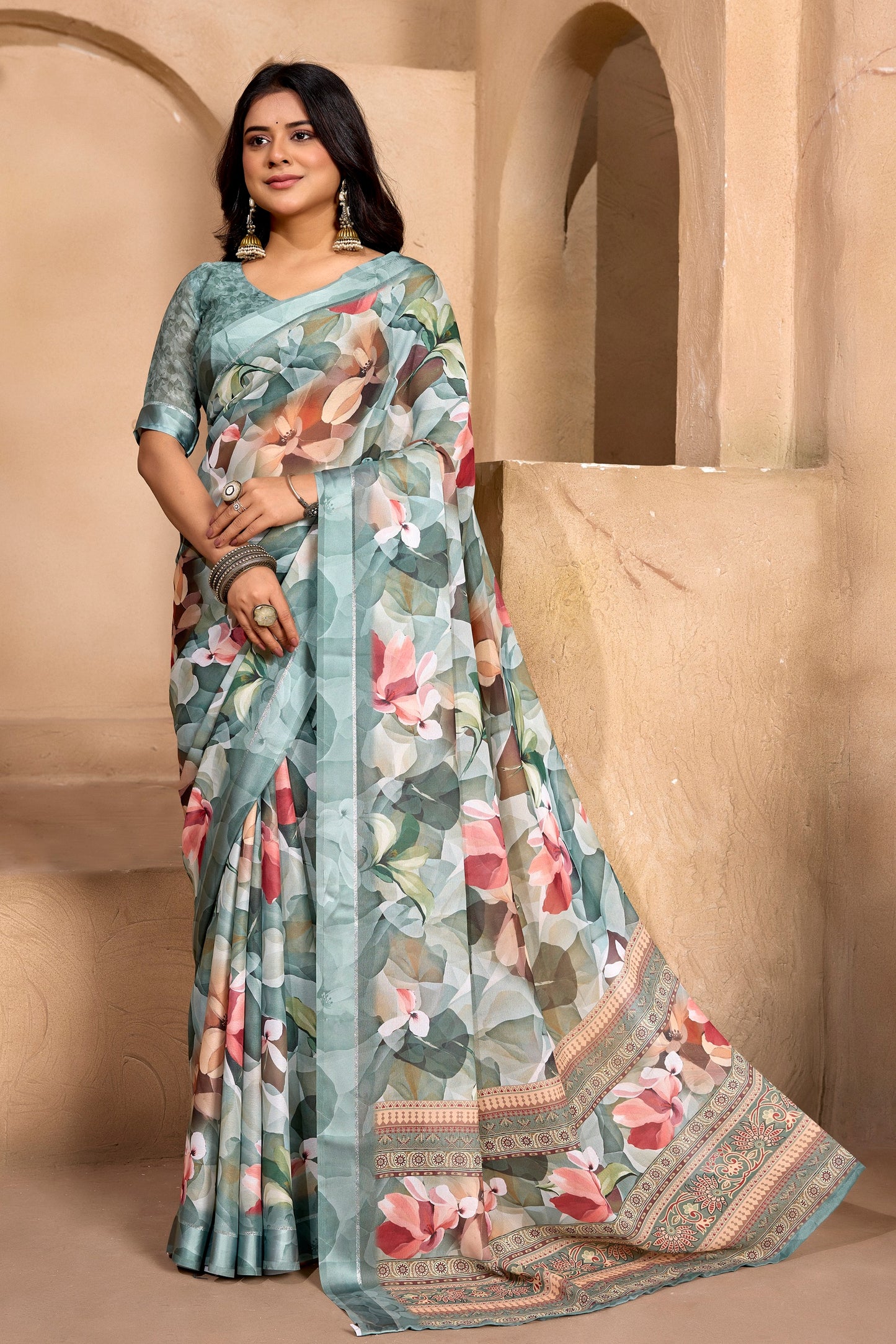 Samriddhi - Ash Grey Georgette Digital Print Saree with Satin Border
