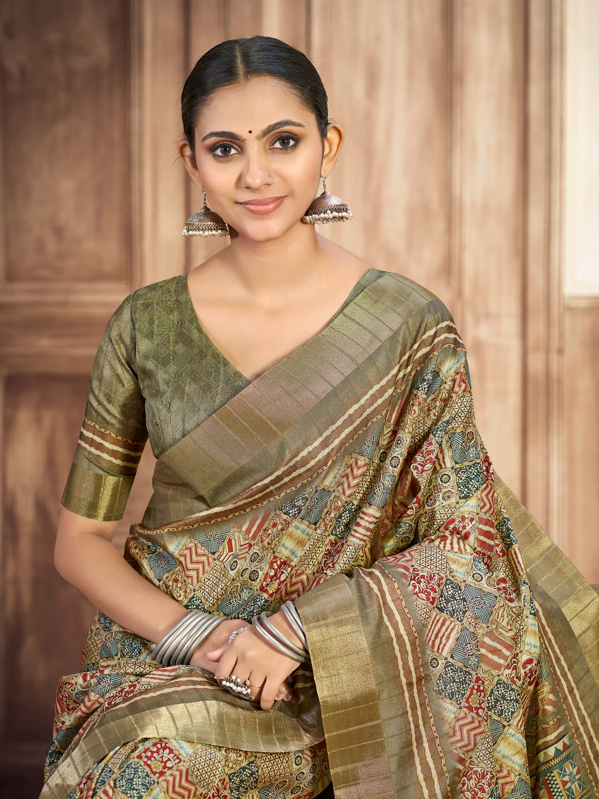 Devsena - Olive Green Silk Digital Print Saree with Zari Border