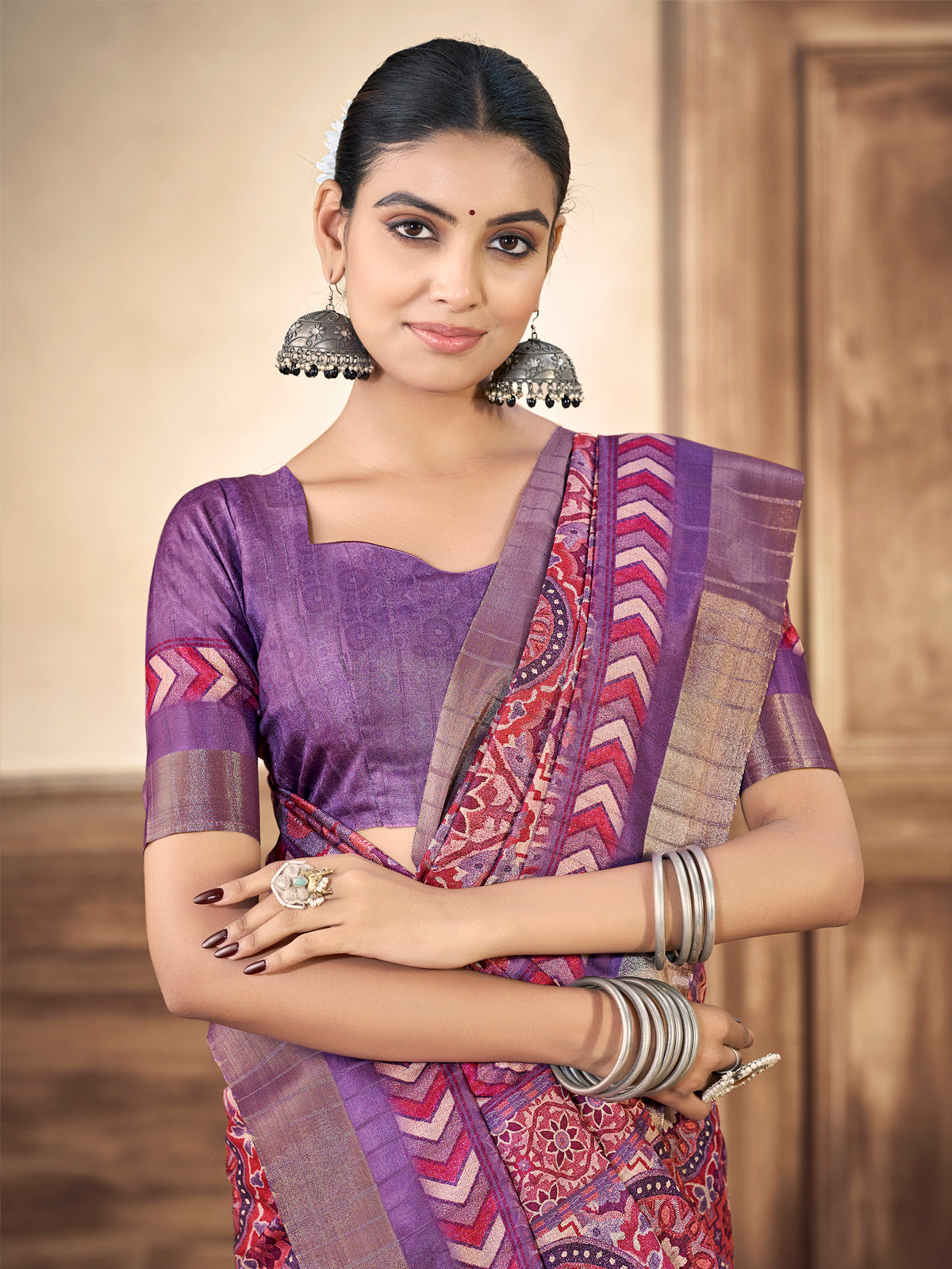 Devsena - Purple Silk Digital Print Saree with Zari Border