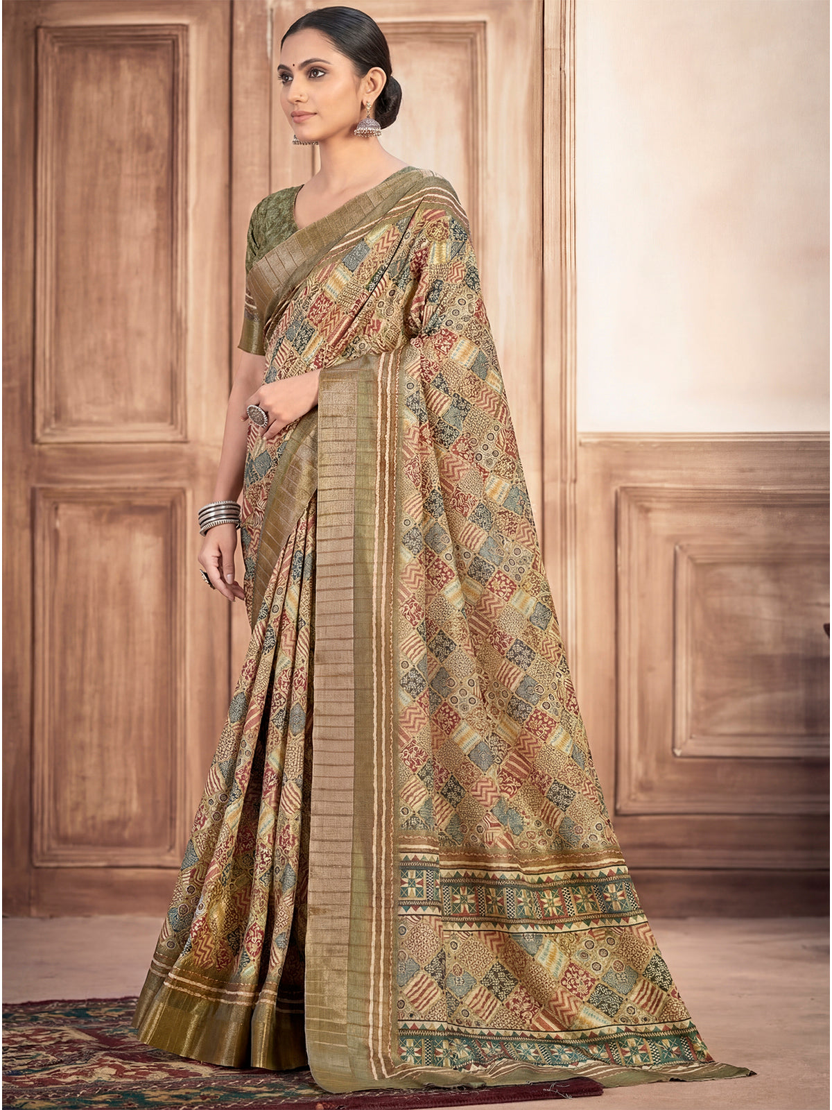 Devsena - Olive Green Silk Digital Print Saree with Zari Border