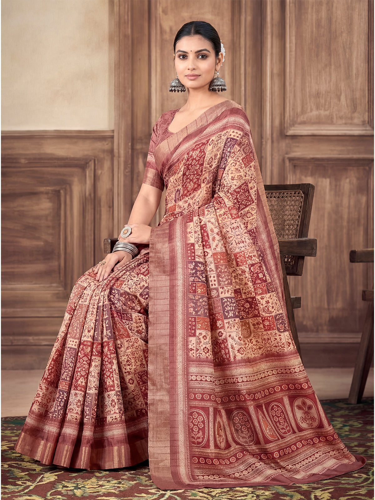 Devsena - Beige Silk Digital Print Saree with Zari Border