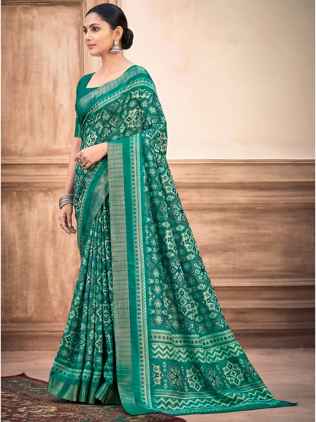 Devsena - Sea Green Silk Digital Print Saree with Zari Border