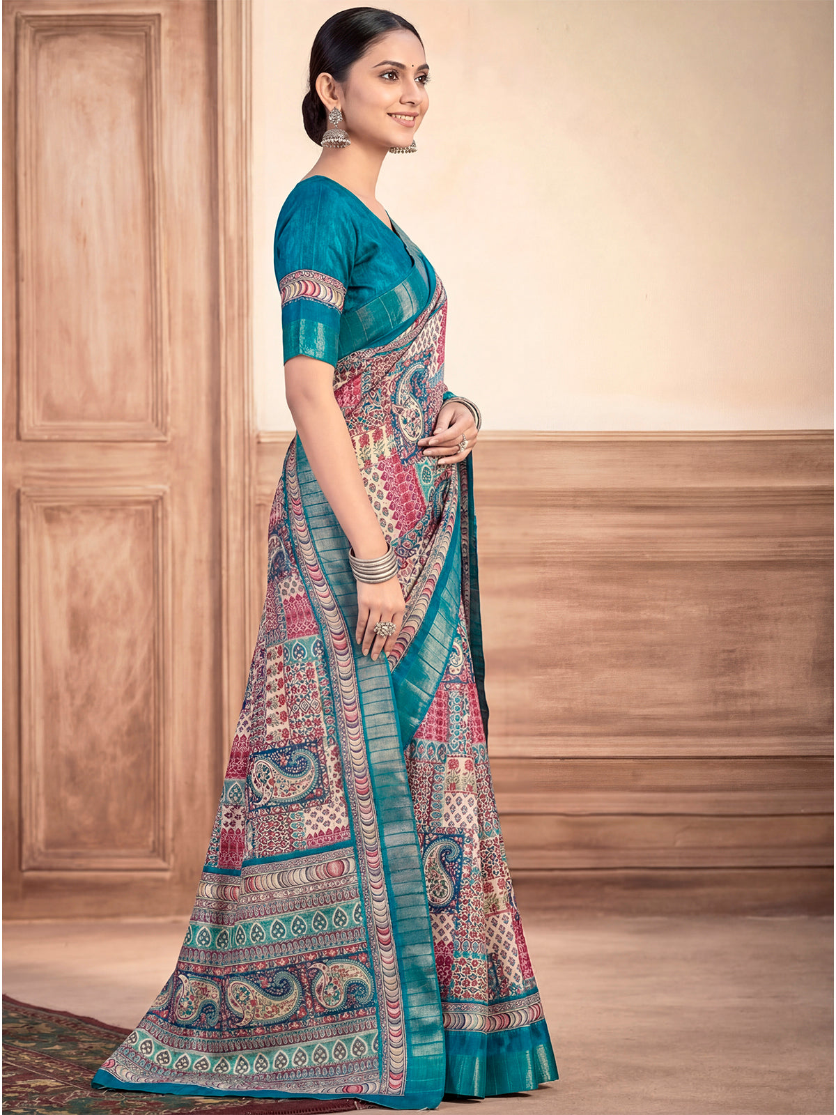 Devsena - Firozi Silk Digital Print Saree with Zari Border