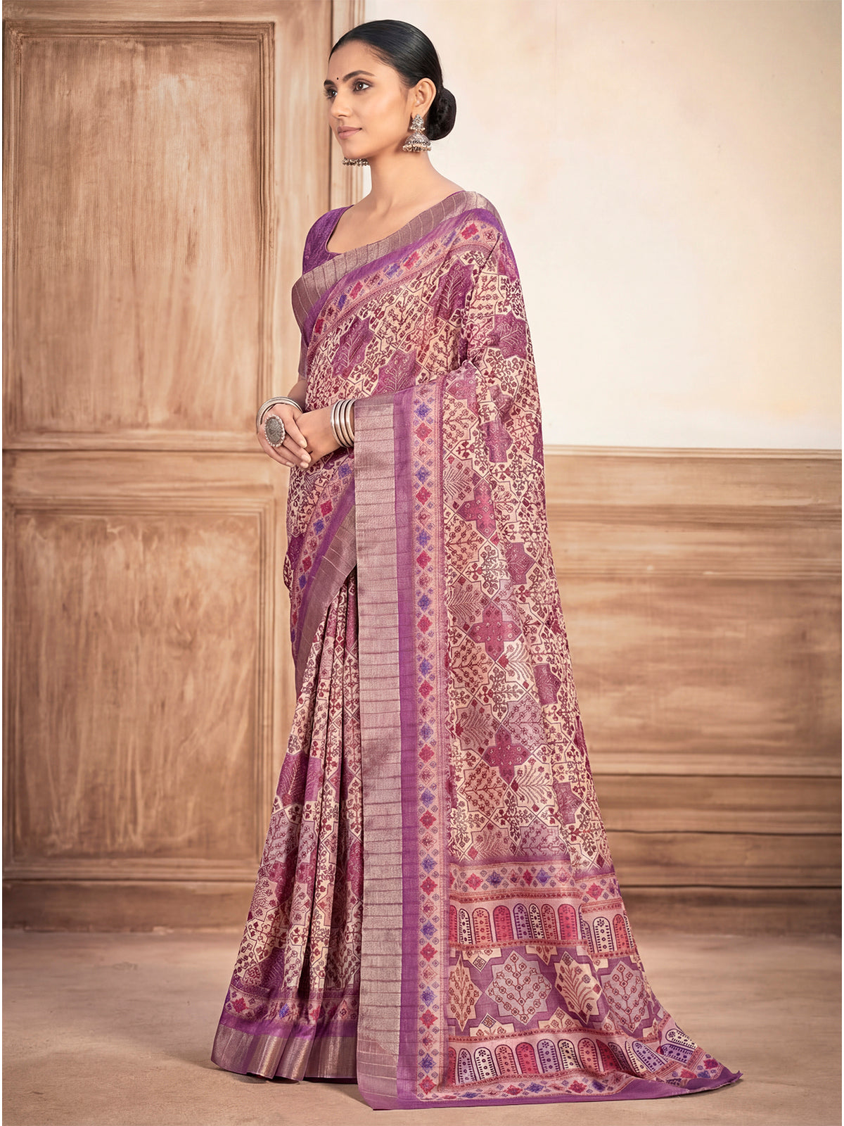 Devsena - Violet Silk Digital Print Saree with Zari Border