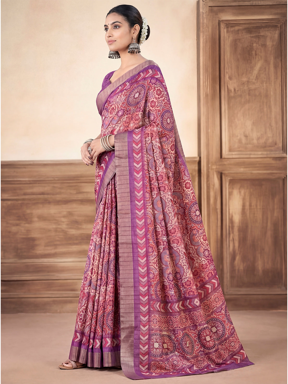 Devsena - Purple Silk Digital Print Saree with Zari Border