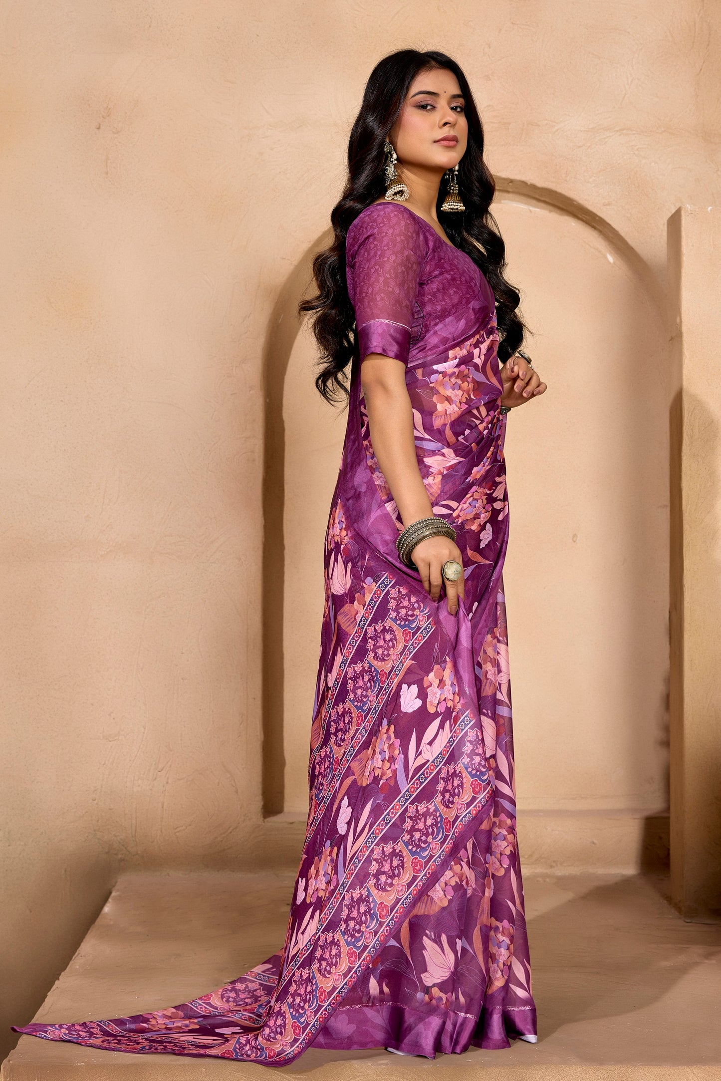 Samriddhi - Purple Georgette Digital Print Saree with Satin Border