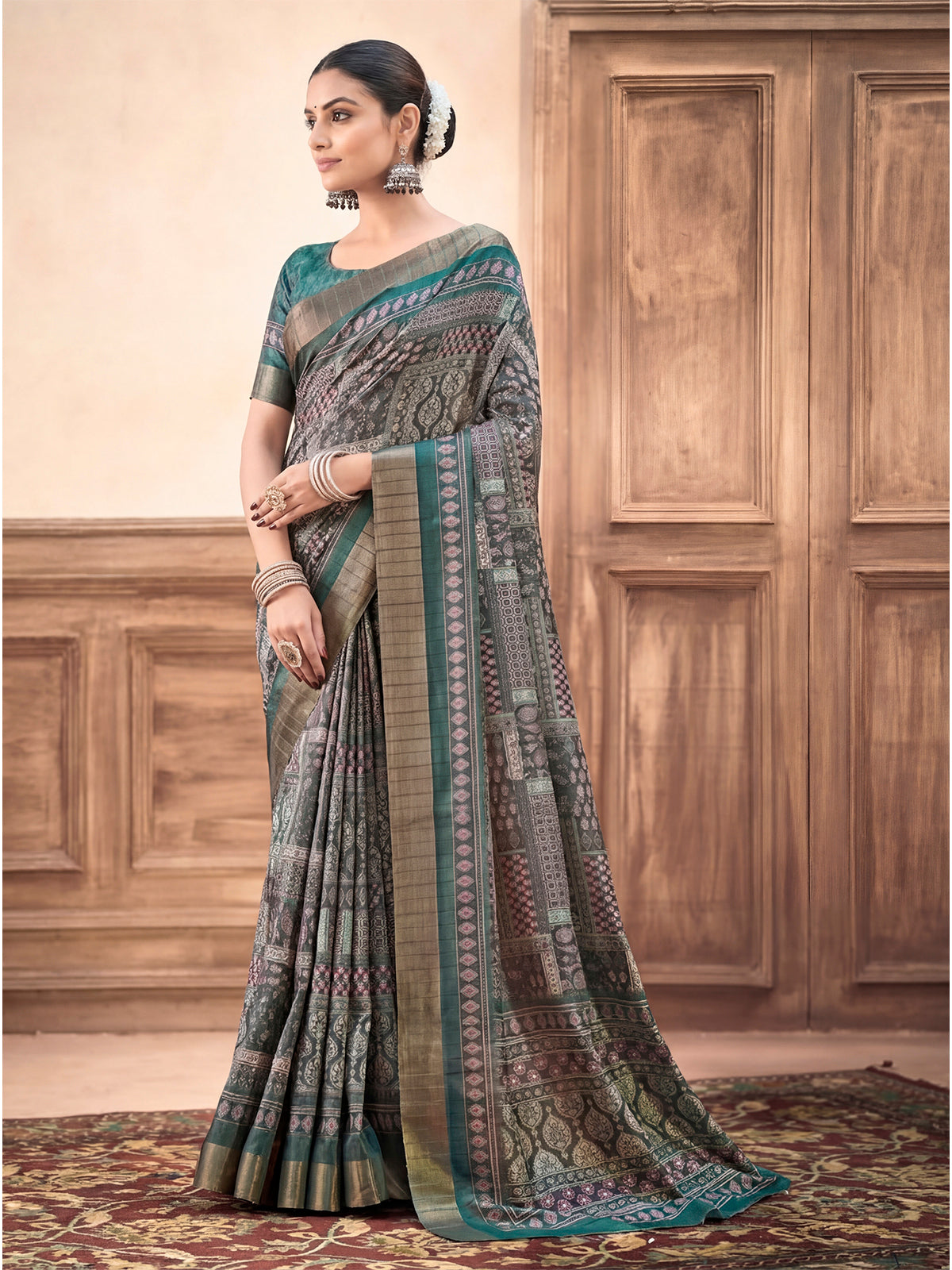 Devsena - Forest Green Silk Digital Print Saree with Zari Border