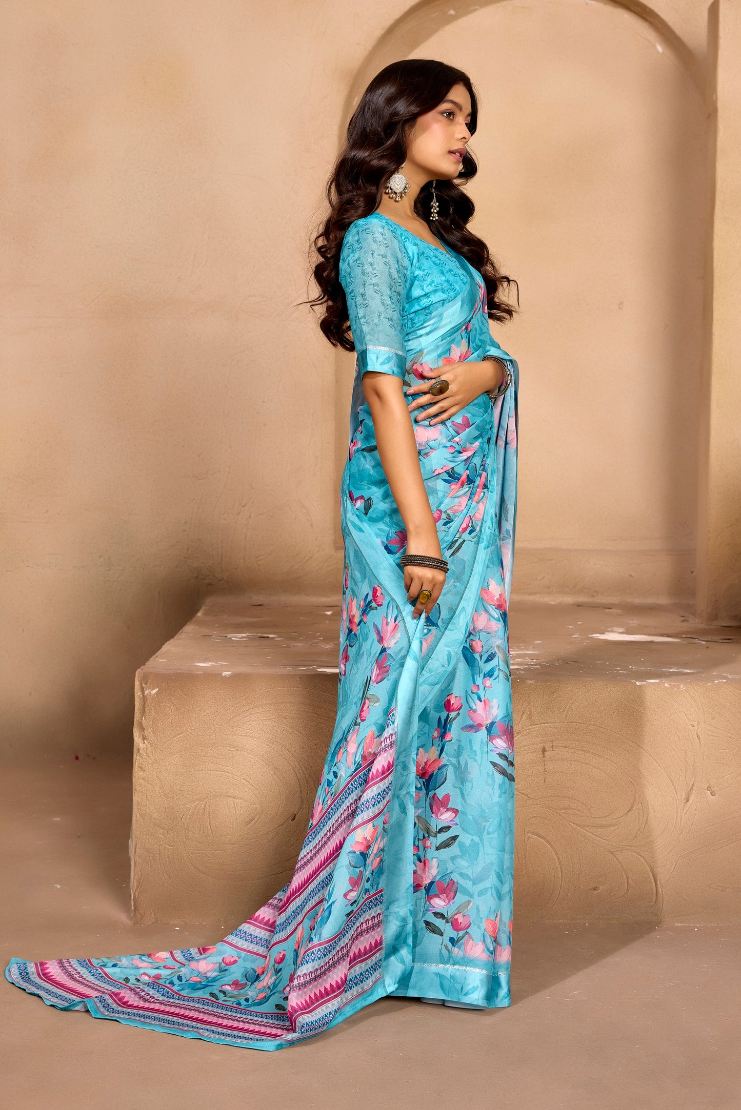 Samriddhi - Sky Blue Georgette Digital Print Saree with Satin Border