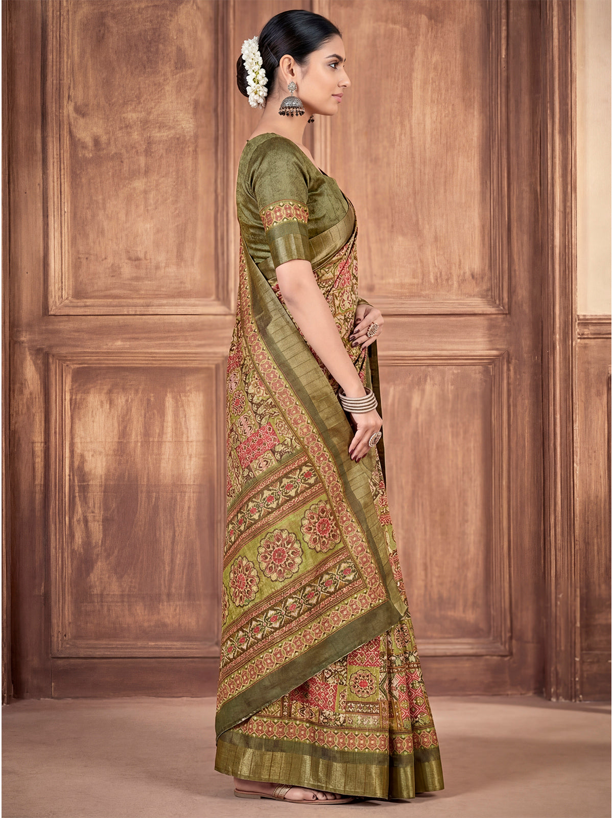 Devsena - Mehendi Green Silk Digital Print Saree with Zari Border