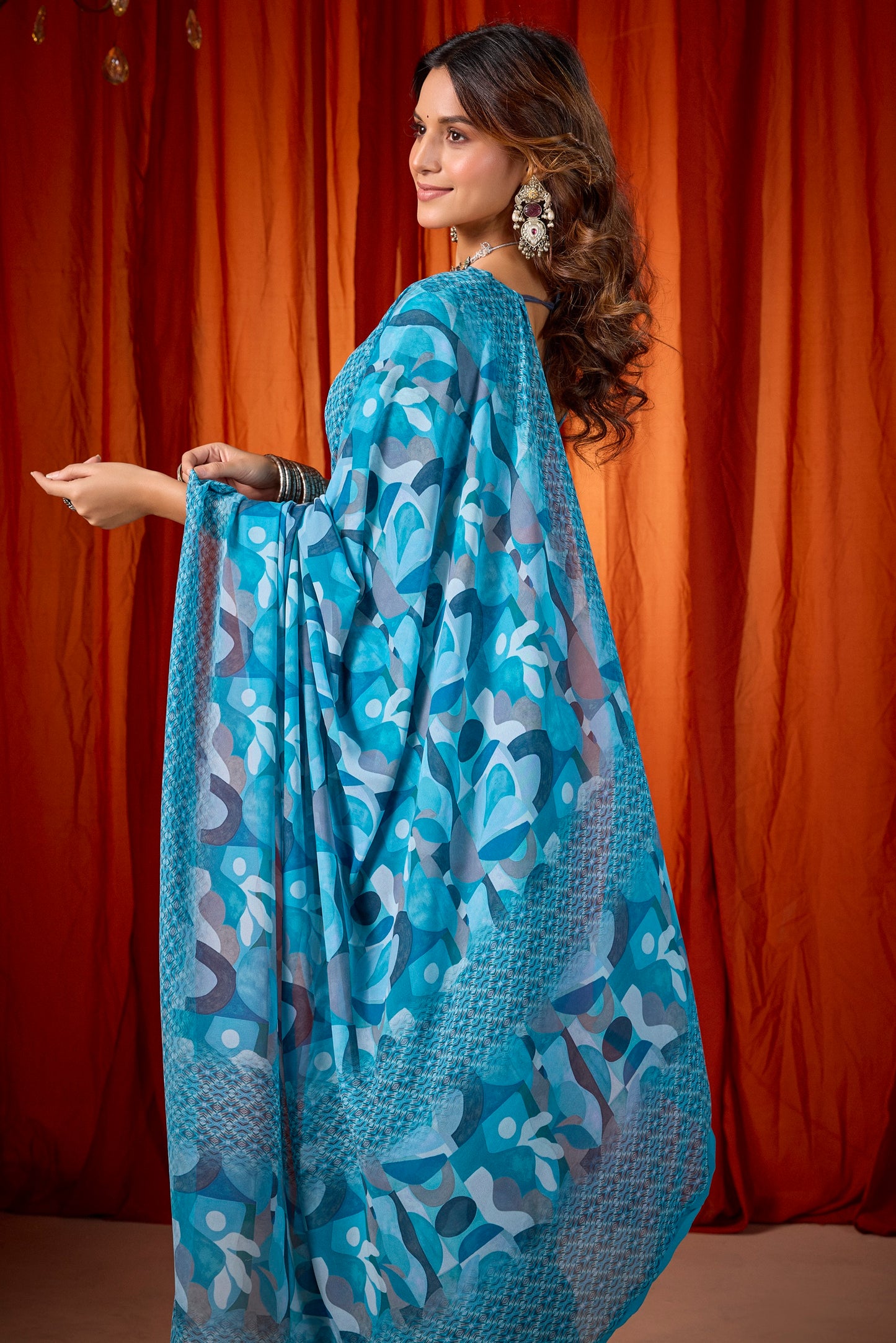 Shraddha - Firozi Georgette Digital Printed Saree
