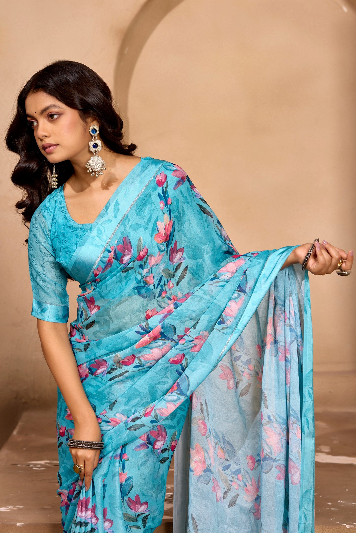 Samriddhi - Sky Blue Georgette Digital Print Saree with Satin Border