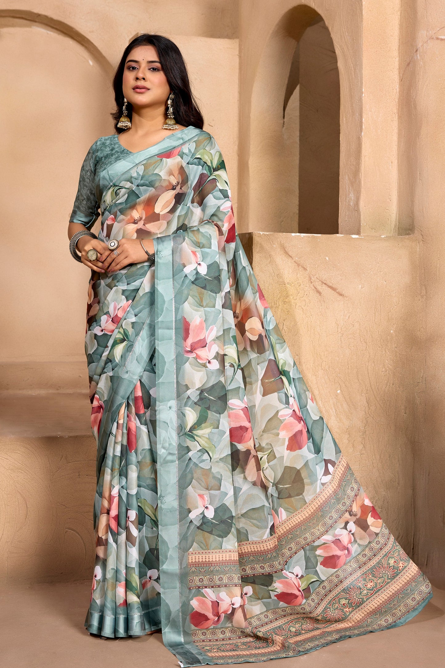 Samriddhi - Ash Grey Georgette Digital Print Saree with Satin Border