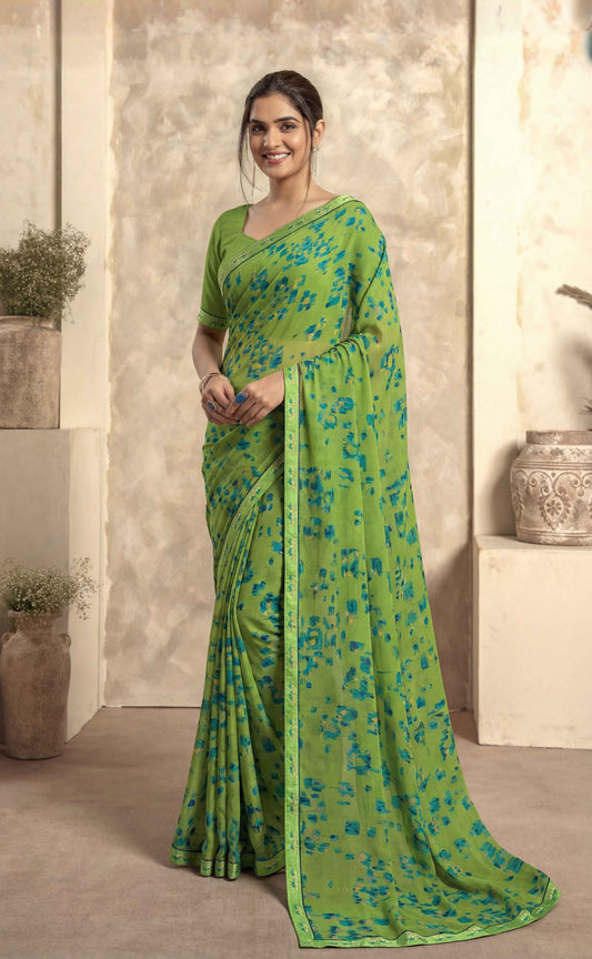 Tulsi - Parrot Green Georgette Printed Saree with Lace Border
