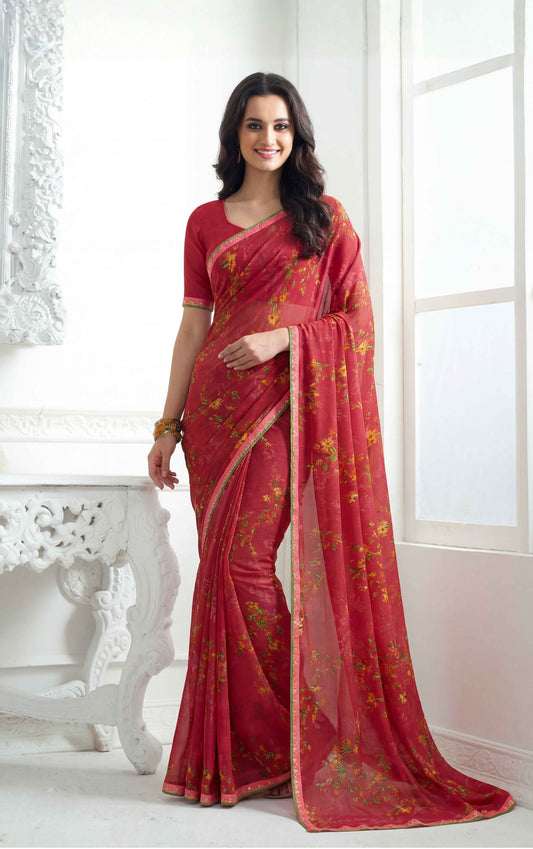 Tulsi - Pink Georgette Printed Saree with Lace Border